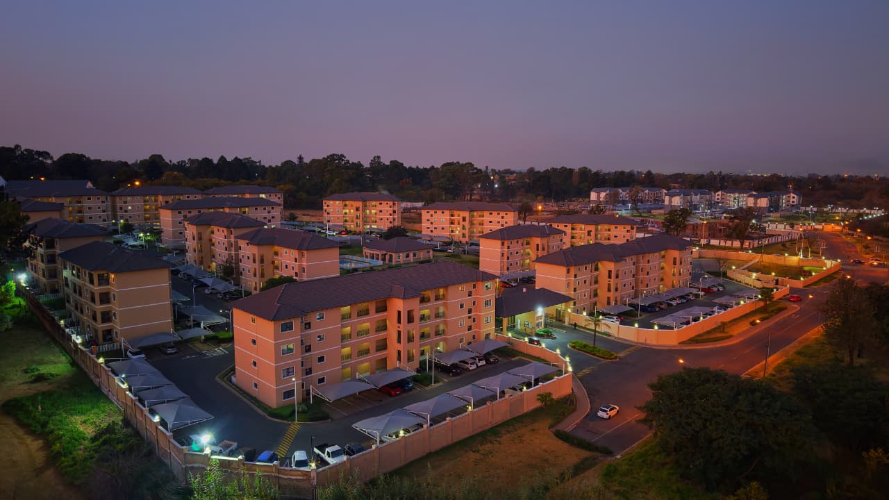 Apartment complex at dusk, from above